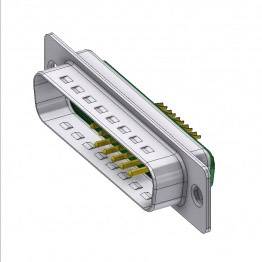'3D rendering of a rectangular connector with multiple golden pins. The plug has two mounting holes on the sides.'