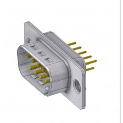 A rectangular electrical connector with gold-plated pins and a metal casing, suitable for connecting cables.