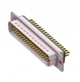 A D-sub plug with multiple gold-coloured contacts, set against a white background. Commonly used in electronic connections.