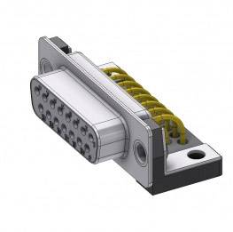 An electrical multi-pin connector with yellow wires at the rear, mounted on a black base.