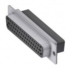 A grey D-sub connector with multiple round pins, mounted laterally. Suitable for electronic connections.