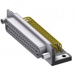 A multi-pin technical connector with yellow cables. It is suitable for connecting electronic devices.