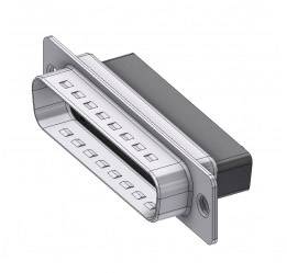 Illustration of a connector, similar to a DB25 plug, with a metal housing and multiple flat pins.