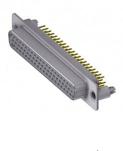 A D-sub plug with multiple pins, board-side soldered, for use in electronic devices.