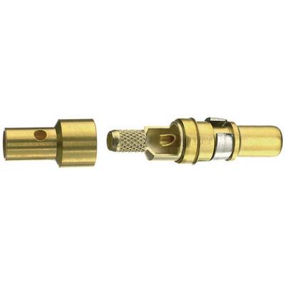 Golden coaxial plug shown in three individual parts: sleeve, screw connection, and inner conductor.