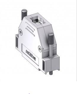 Technical drawing of a connector with screws, top-right view, showing details of construction and mounting.