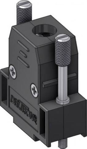 A black Deltron connector with two silver screw terminals and a central opening, for electrical connection.