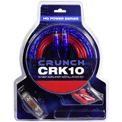 Packaged CRUNCH CRK10 Amplifier Installation Kit with blue and red cables, connectors and a fuse, suitable for car audio amplifiers.