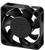 'A black fan in a square housing with five rotor blades.'