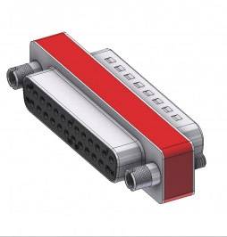 Metallic electrical connector with prominent red stripes and multiple connection points, with side screw fastenings.