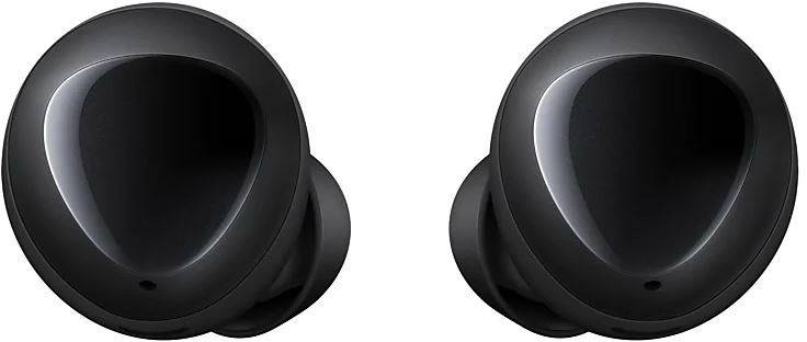 Two black wireless earbuds. Rounded shape, high-gloss finish. Suitable for music and calls.