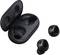 Black wireless earbuds and charging case, opened and lying side by side.