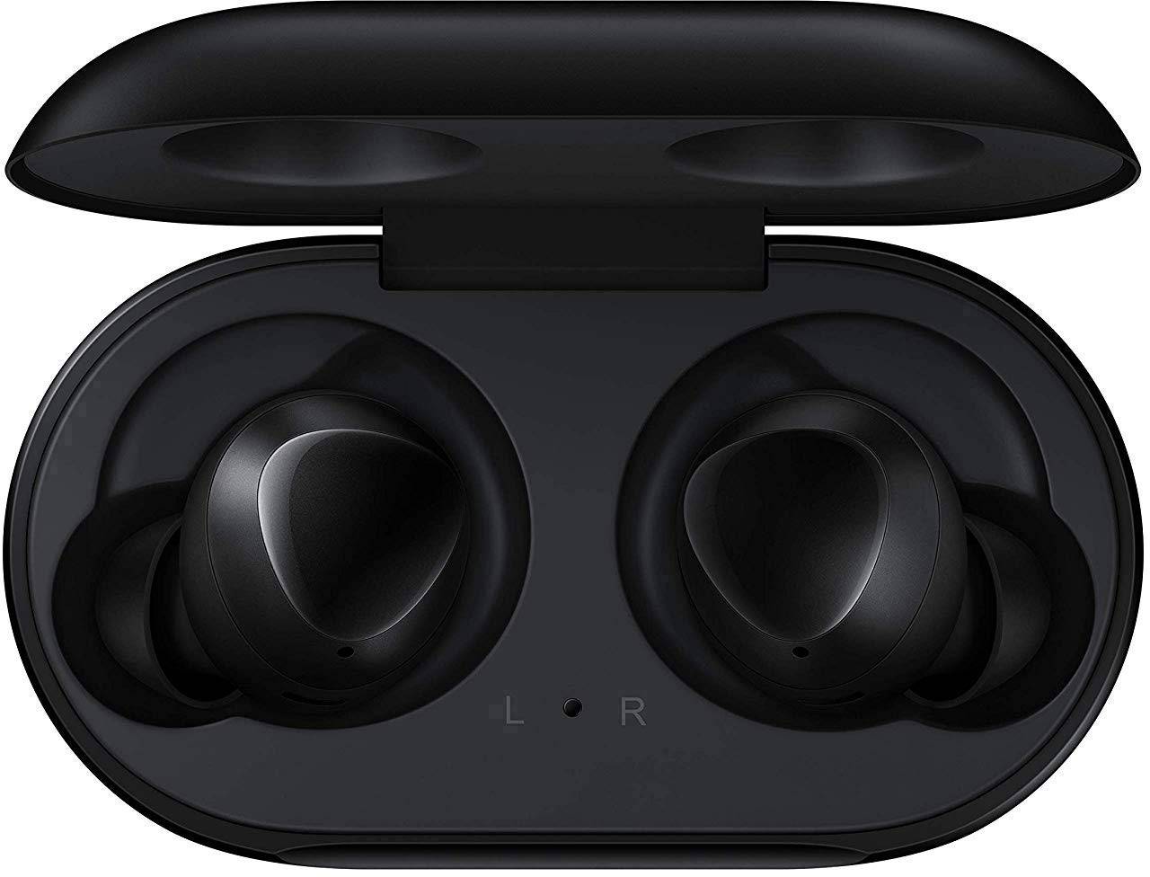 Black wireless earbuds in an open charging case. Left and right marked with 'L' and 'R'.
