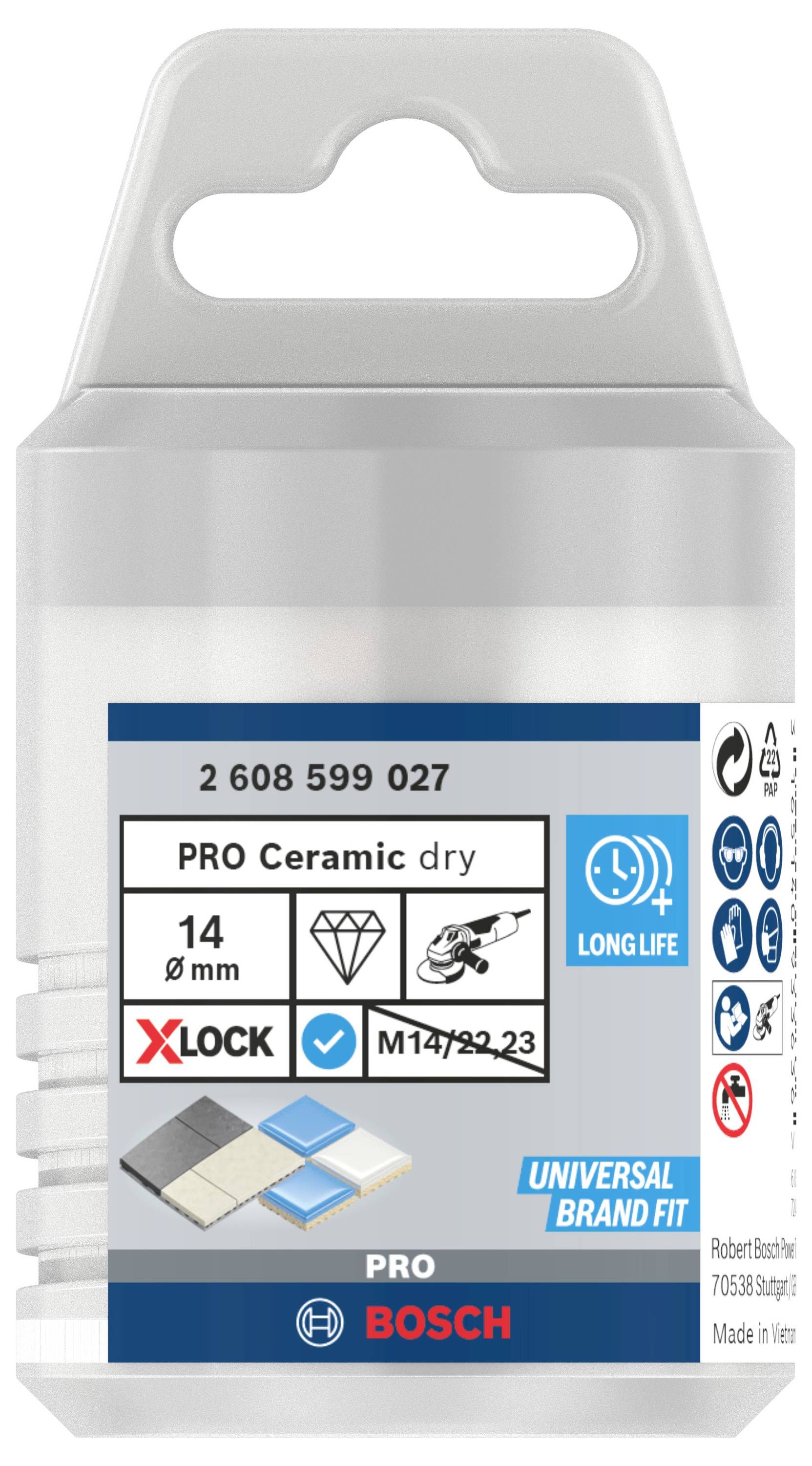 Packaging for 'PRO Ceramic dry' tile drill bit from Bosch, 14 mm, suitable for M14/22.23, durable, with X-LOCK system.