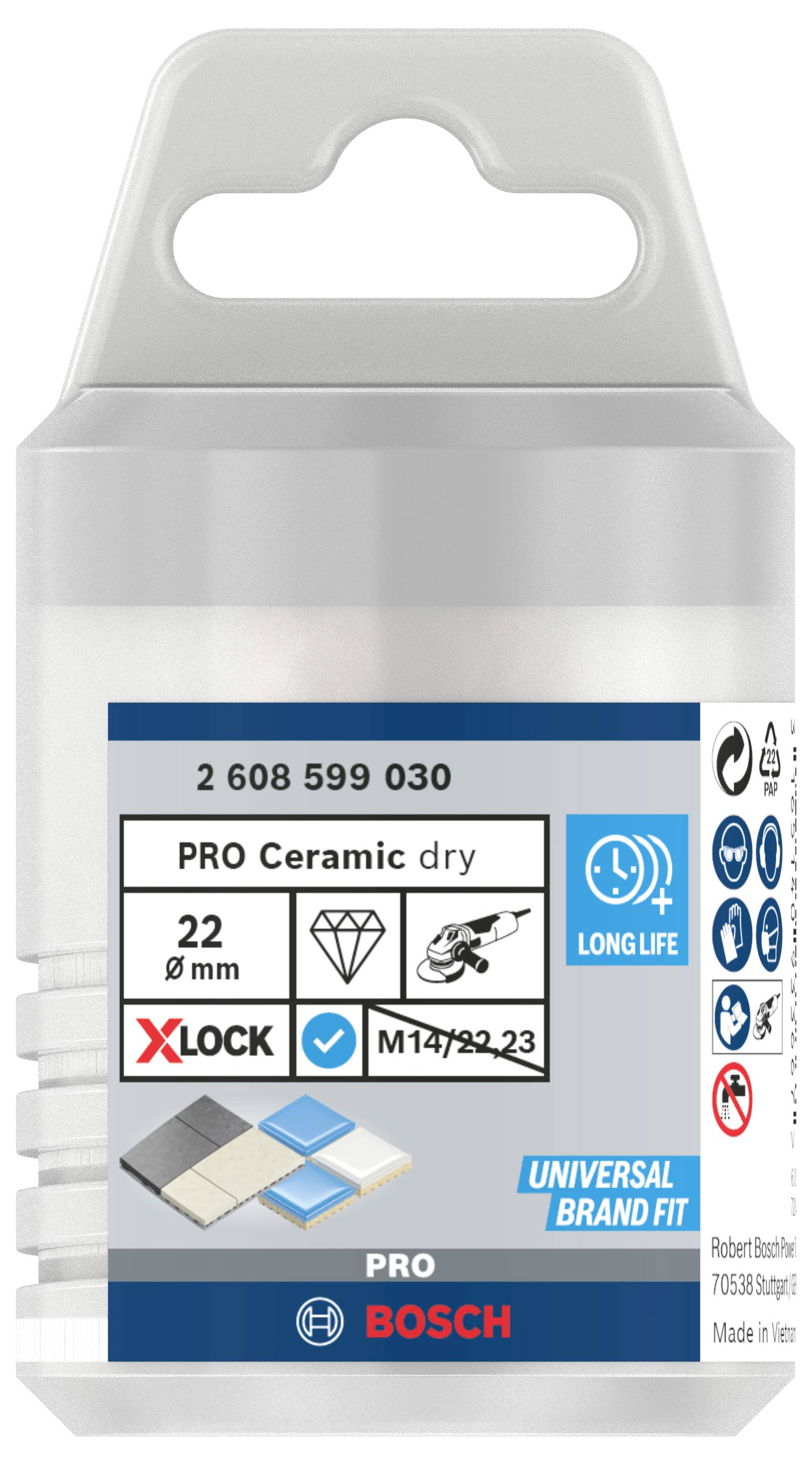 Product packaging for a Bosch PRO Ceramic Tile Cutter Attachment. Features: 22 mm diameter, X-LOCK, long service life.