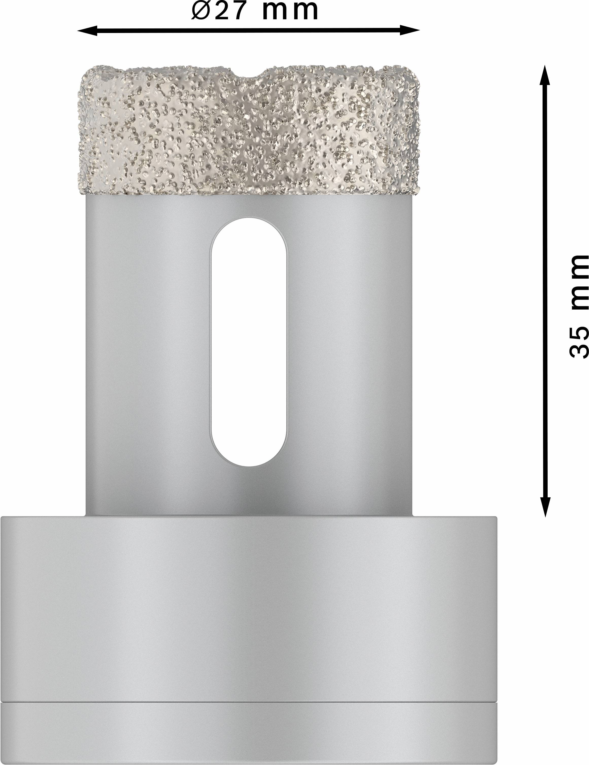 Diamond-coated tip drill bit, diameter 27 mm, height 35 mm, suitable for precision drilling in hard materials.