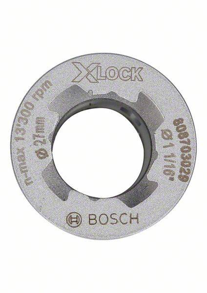 'Bosch X-Lock' grinding disc holder without disc, silver-coloured, printed with technical specifications and logo.