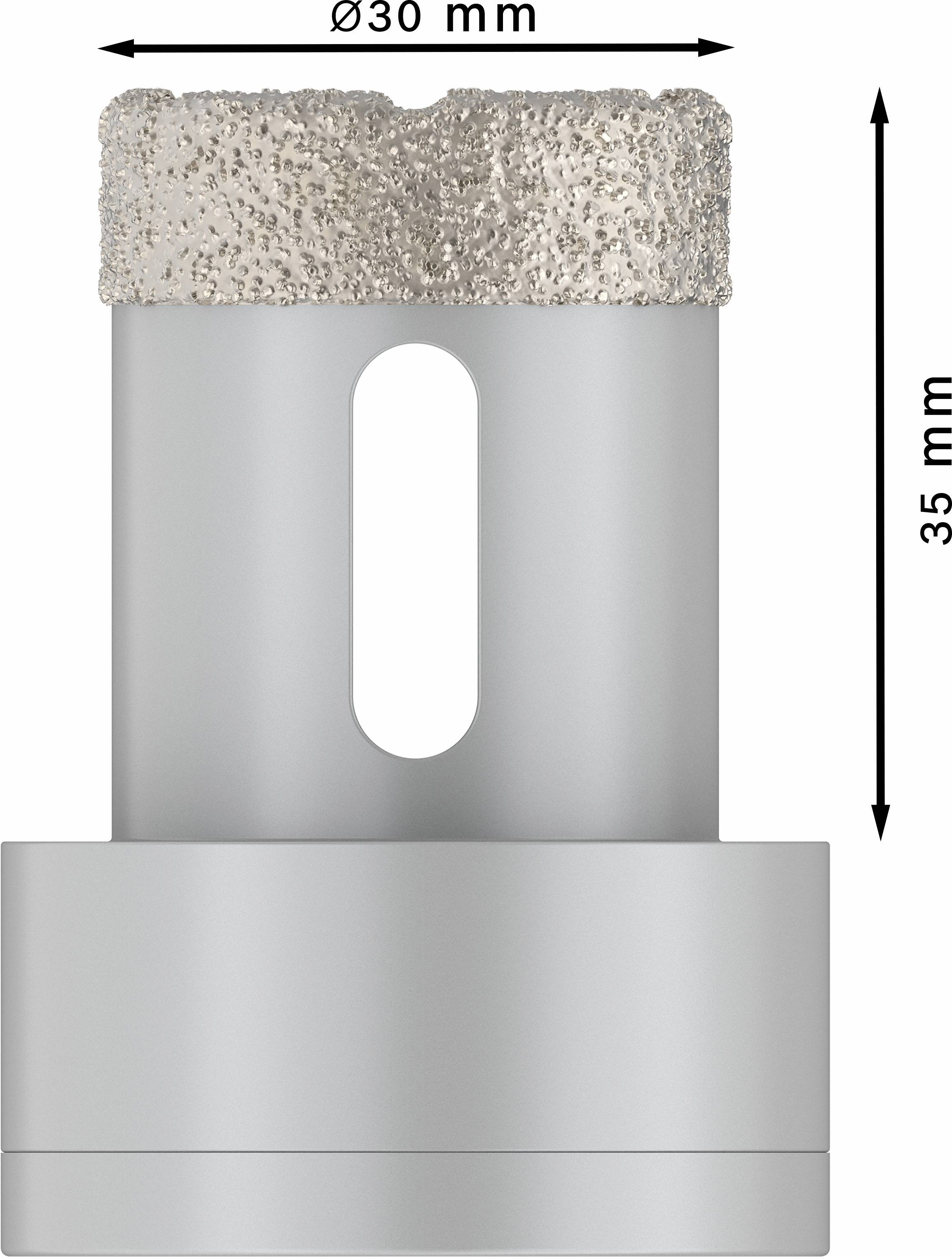 Metal drill bit with a diameter of 30 mm and a height of 35 mm. The upper edge has a rough, granular texture.