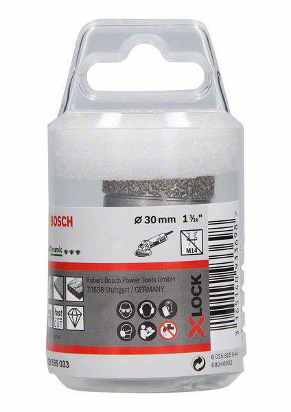 Bosch Diamond Drill Bit Packaging with 30 mm Diameter. Suitable for Tiles. Manufacturing details and pictograms visible.