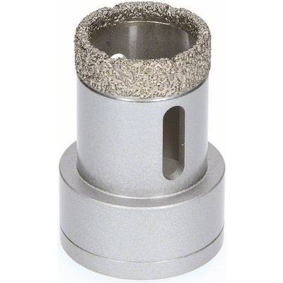 Grey, metallic drilling tool with a cylindrical shape and rough upper edge.