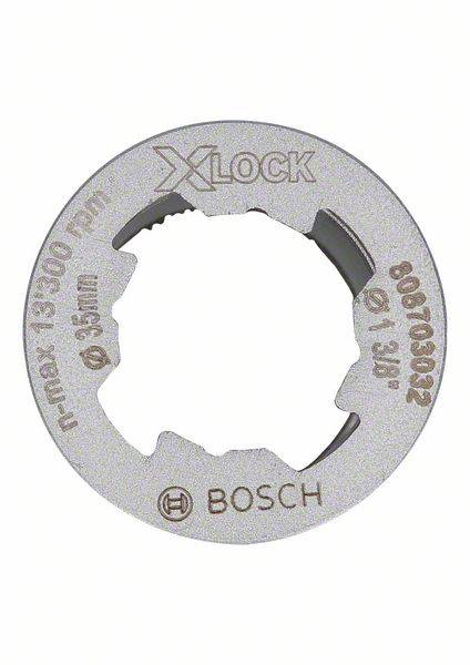 Metal disc with the inscription 'X Lock' in the centre, surrounded by technical details such as maximum rotation speed '13,300 rpm', diameter '95 mm', and manufacturer name 'BOSCH'.