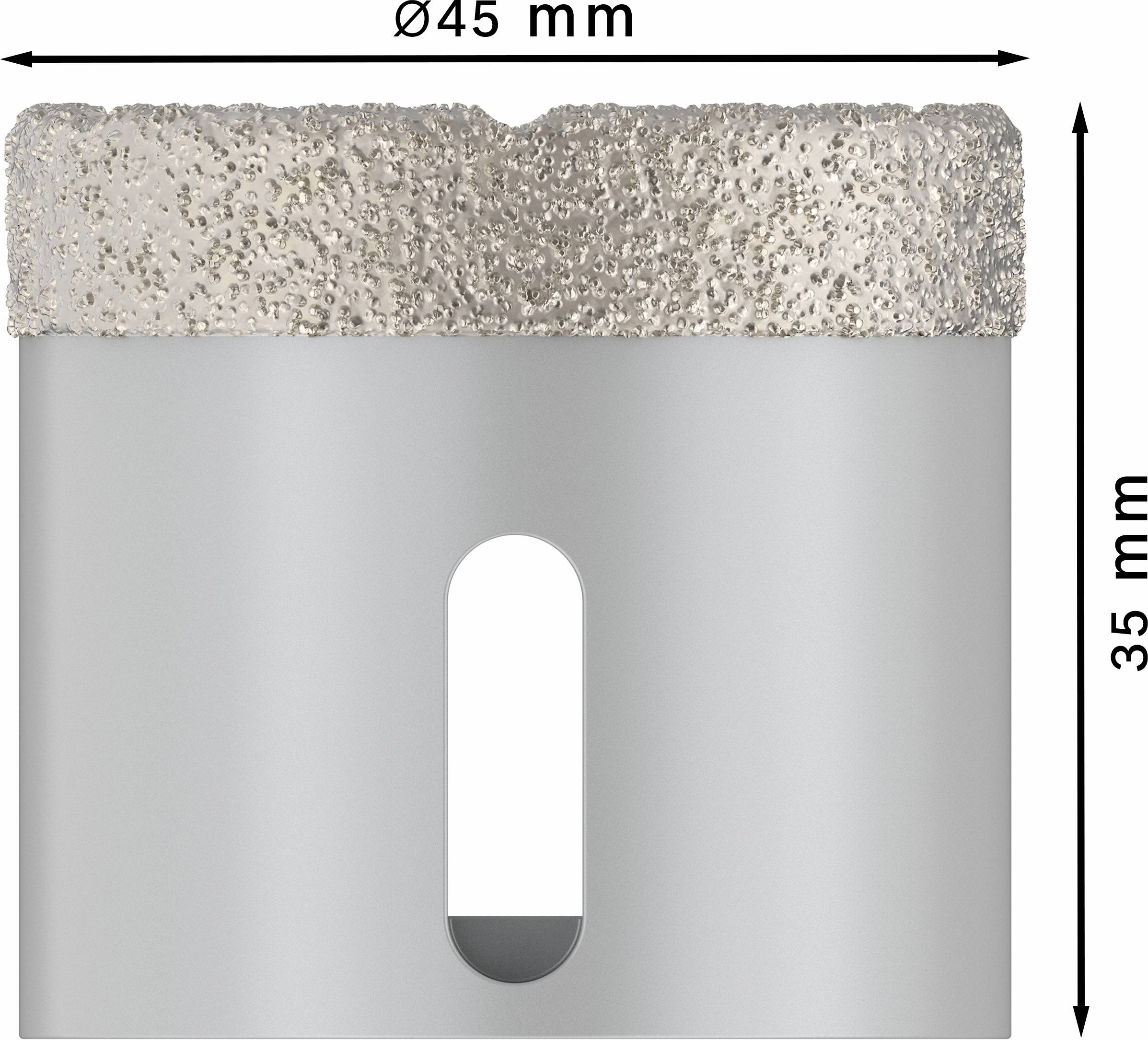 Diamond core bit with diameter of 45 mm and height of 35 mm. Concrete surface on top.