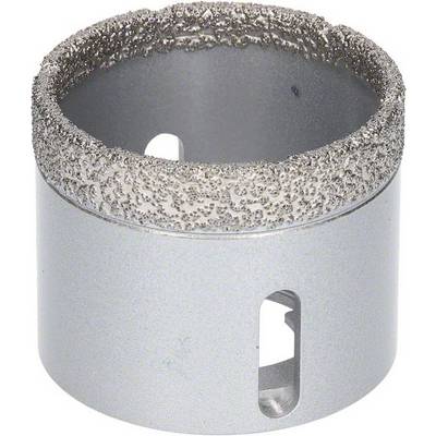 Drill crown made of silver-coloured metal with a rough, granular cutting edge at the top and two rectangular cutouts on the sides.