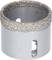 Drill crown made of silver-coloured metal with a rough, granular cutting edge at the top and two rectangular cutouts on the sides.