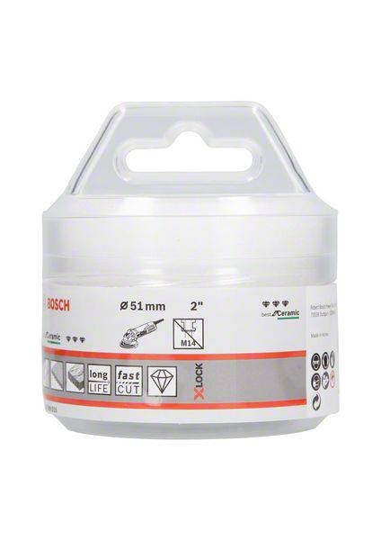 'Bosch Ceramic Hole Saw': White plastic container featuring a hole saw with a 51 mm diameter, suitable for rapid cutting and long-lasting performance. Brand logo and product symbols are visible.