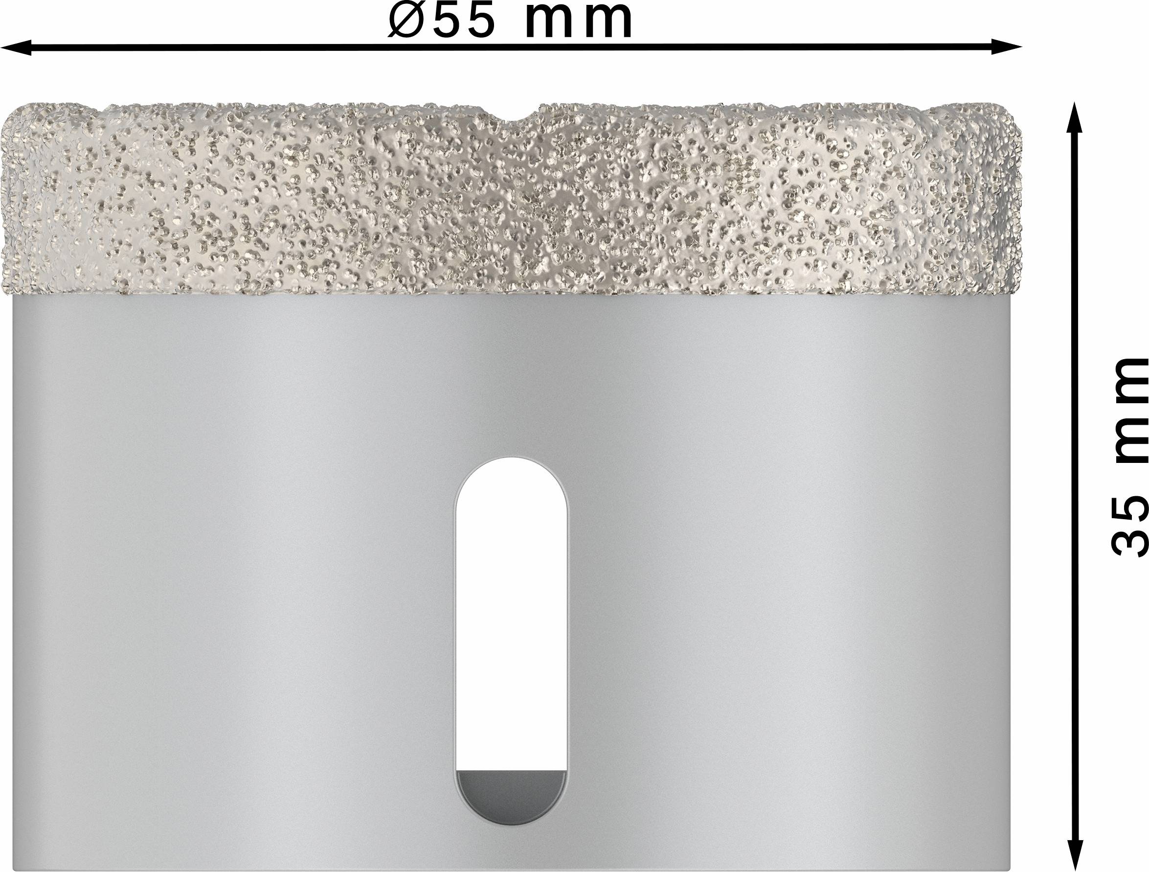 Diamond core drill bit with diameter of 55 mm and height of 35 mm, suitable for precision drilling in hard materials.