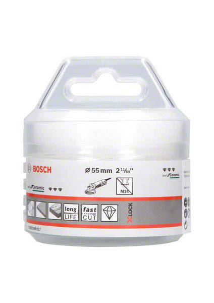 A Bosch packaging for a 55 mm X-Lock diamond drill bit, suitable for ceramic. Features: long service life, fast cutting.