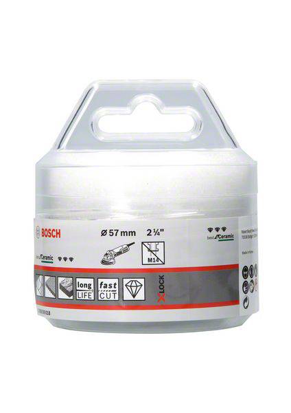 'Bosch Hole Saw Ø 57 mm, suitable for materials such as tiles and ceramics. Characteristics: long-lasting, fast cutting, X-LOCK System.'
