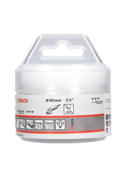 A packaging with a 60-mm hole saw attachment for ceramic materials. Contains symbols for durability and rapid cutting.