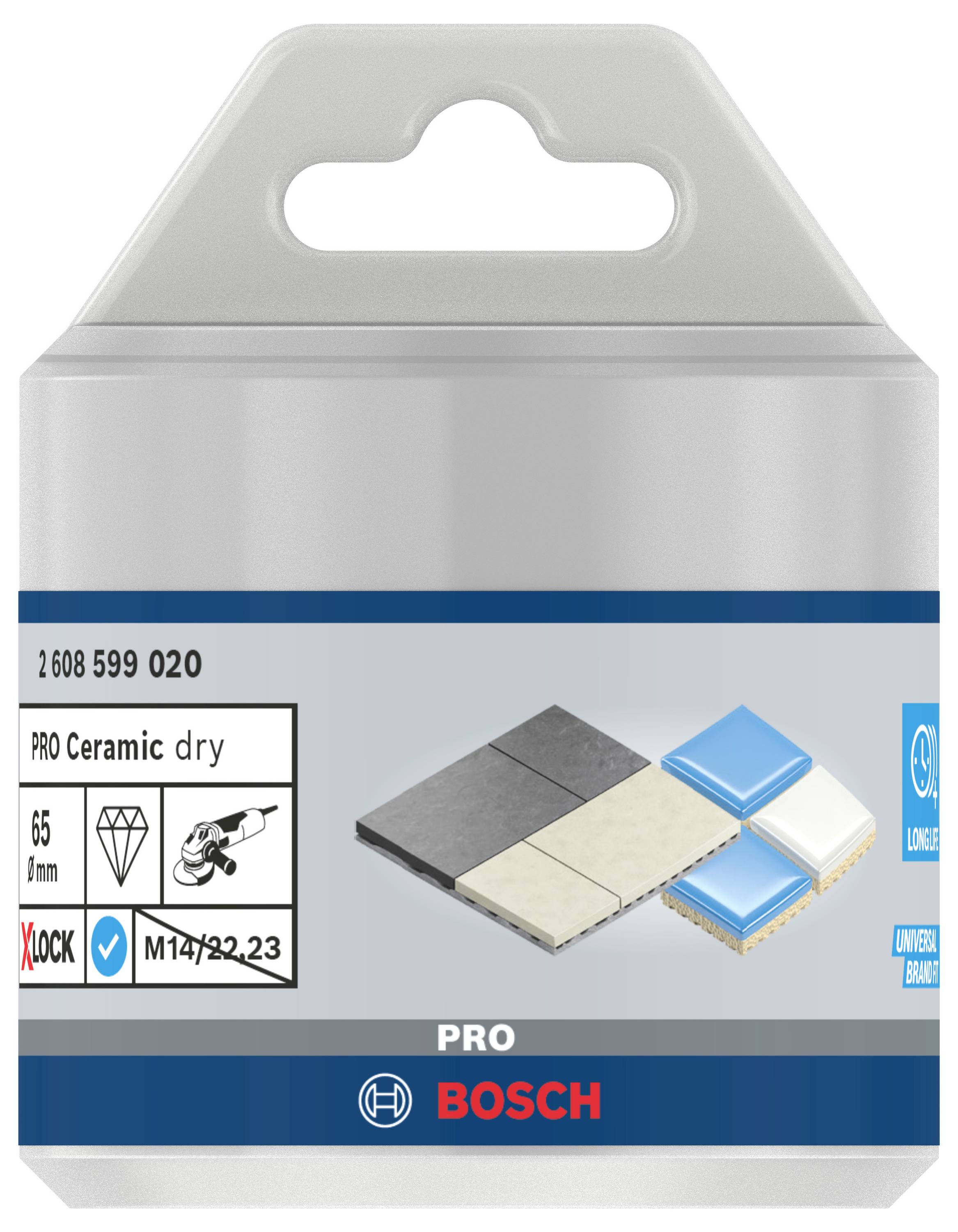 Packaging of a Bosch PRO ceramic tool with diamond symbol, suitable for 65mm cuts. Shows tiles as application example.