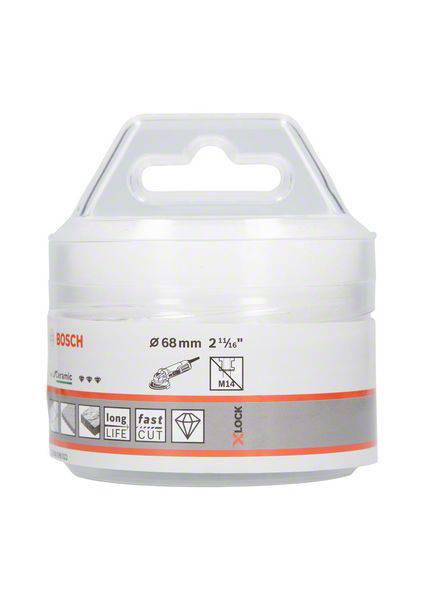 White plastic packaging for Bosch ceramic cutting disc. Printing: Diameter 68 mm, symbol for fast and long-lasting cuts.