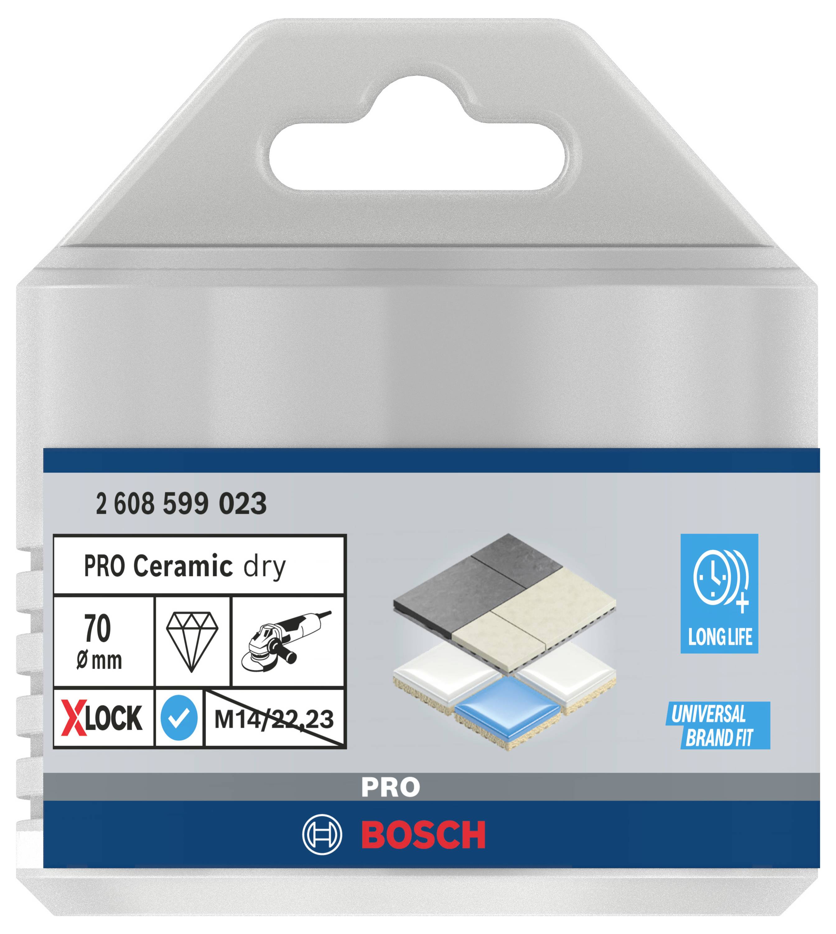 Packaging for a Bosch Pro ceramic disc, Ø 70 mm, for dry application. Suitable for tiles. Contains symbols for durability and universal fit.