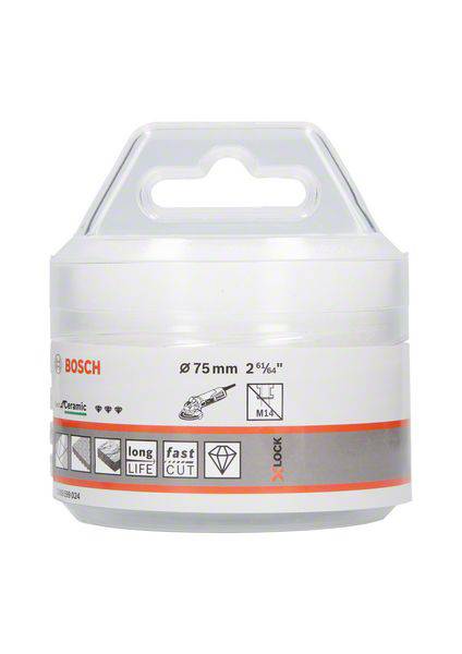 Packaging for a Bosch X-Lock Diamond Cutting Disc, suitable for tiles; 75 mm diameter, durable and rapid cutting.