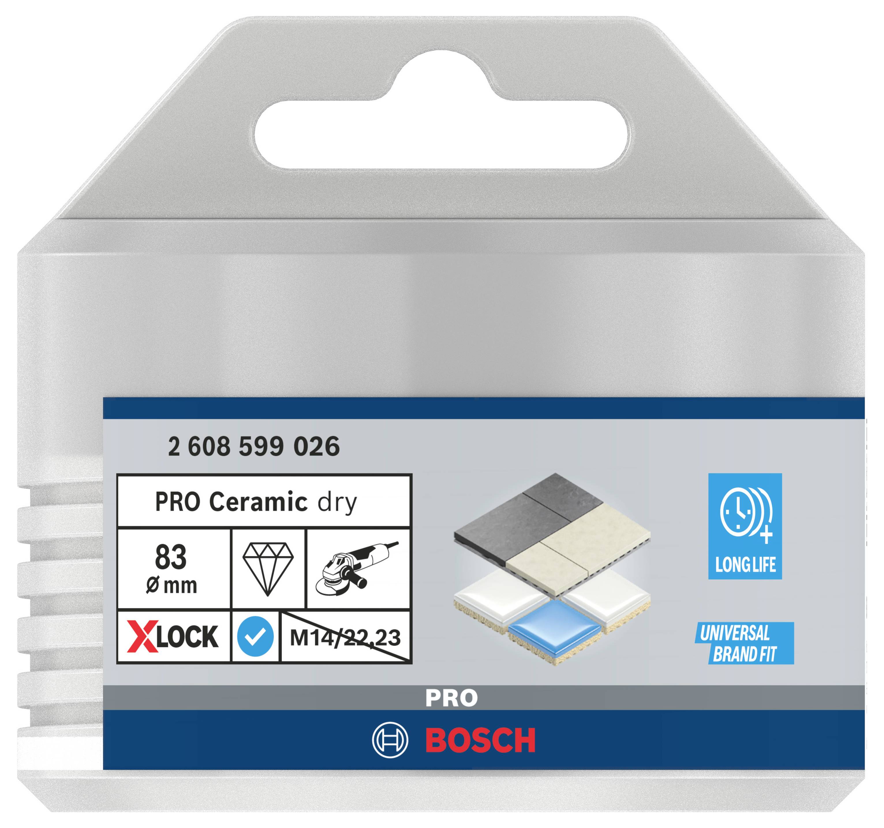A Bosch packaging for a PRO Ceramic dry drill crown with 83 mm diameter. Highlighted are durability and universal fit.