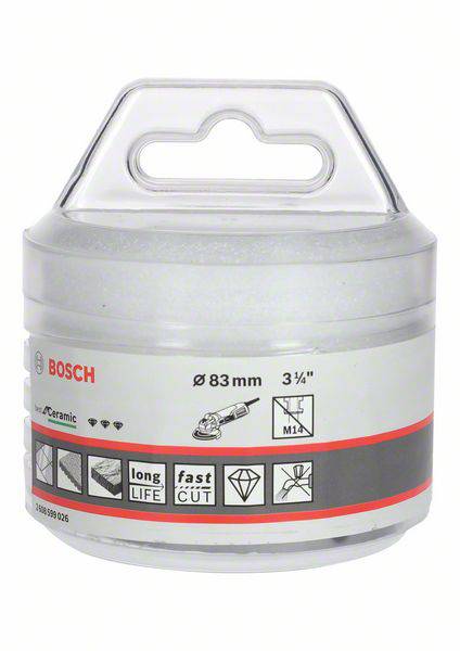 Packaging for a Bosch tile drill bit with 83 mm diameter, designed for sustained performance and rapid cutting through ceramic materials.