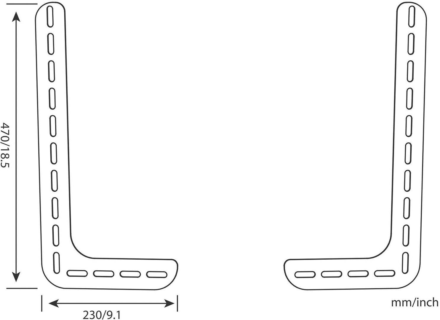 L-shaped metal bracket with perforated design. Dimensions: left 470 mm (18.5 inches) high, bottom 230 mm (9.1 inches) wide. Dimensions in mm and inches.