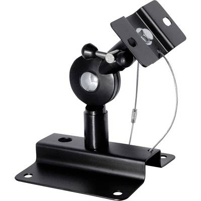 Black, adjustable metal mounting bracket with cable security. Suitable for fixing or suspending devices or objects.