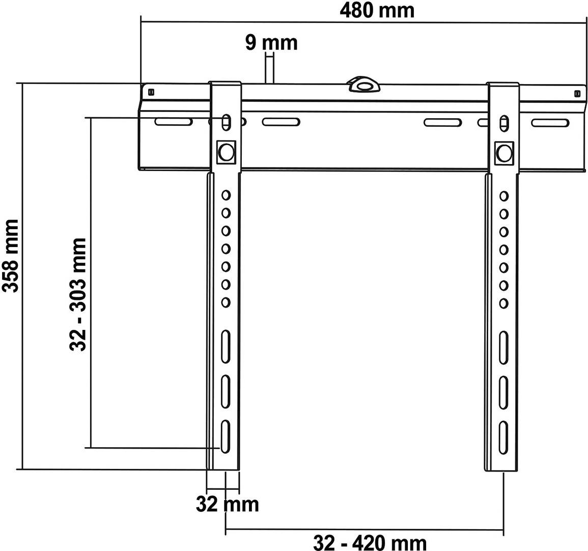 'Technical drawing of a wall mount: Width 480 mm, Height 358 mm, adjustable height 32-303 mm, width 32-420 mm.'