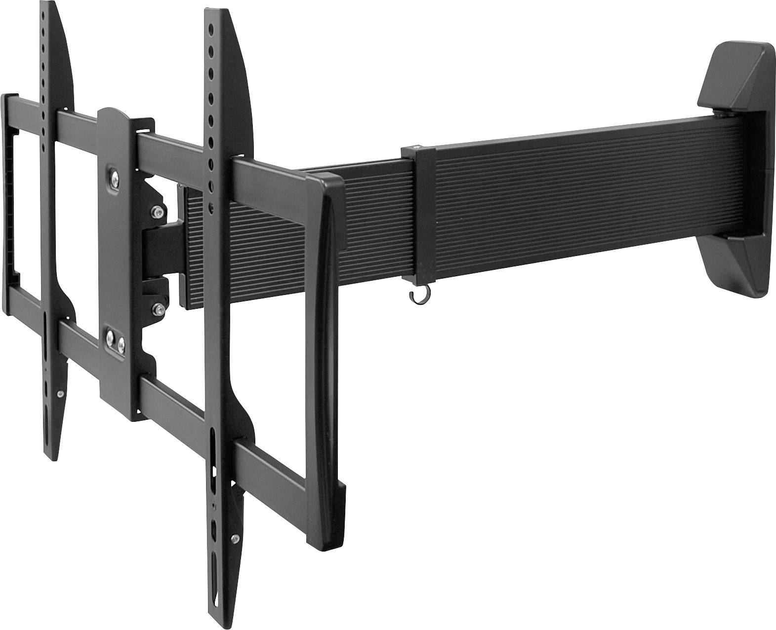 Black, adjustable TV wall mount with extendable arm, suitable for large screens.