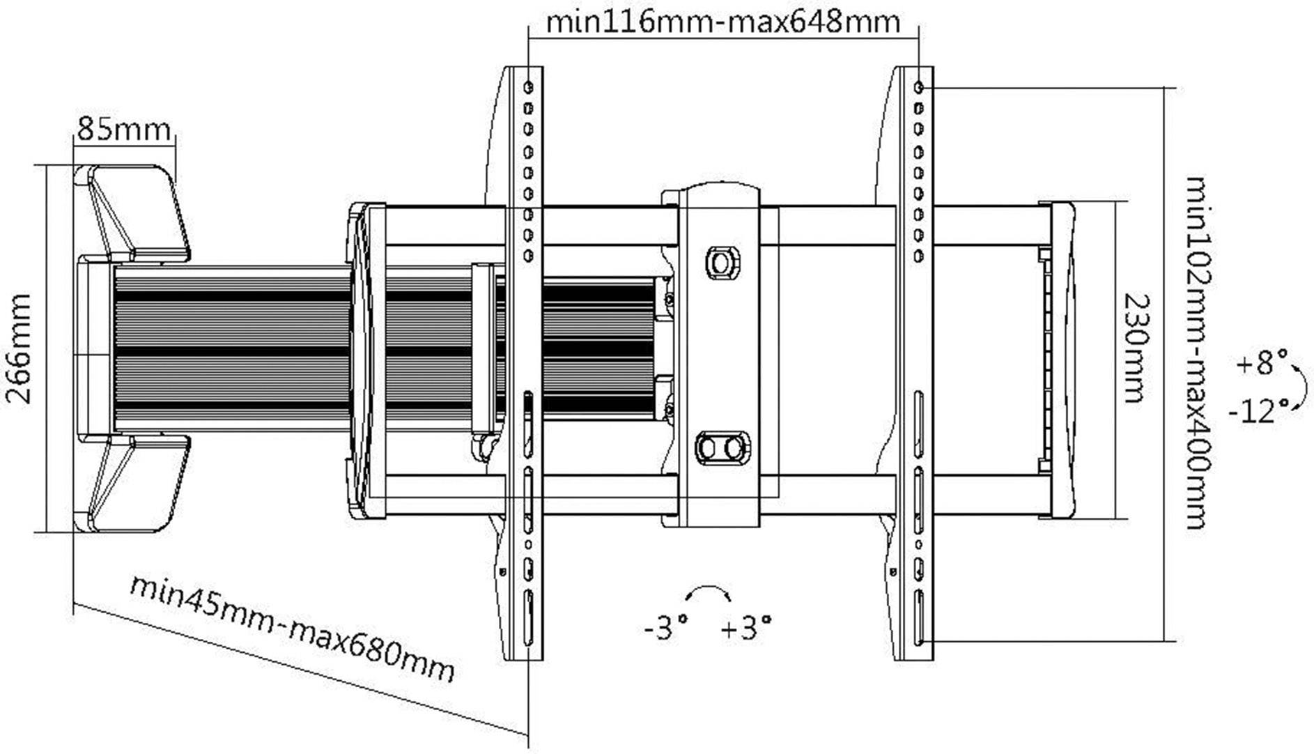 Technical drawing of a projector mount with adjustable dimensions. Dimensions: Width 266mm, Height 230mm, adjustable depth 116-648mm.