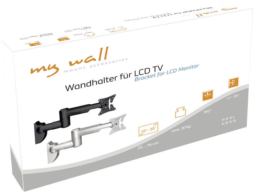 Wall mount for LCD TV shows two models on packaging. Suitable for 25-76 cm monitors, maximum load bearing 30 kg, tiltable 10°-30°.