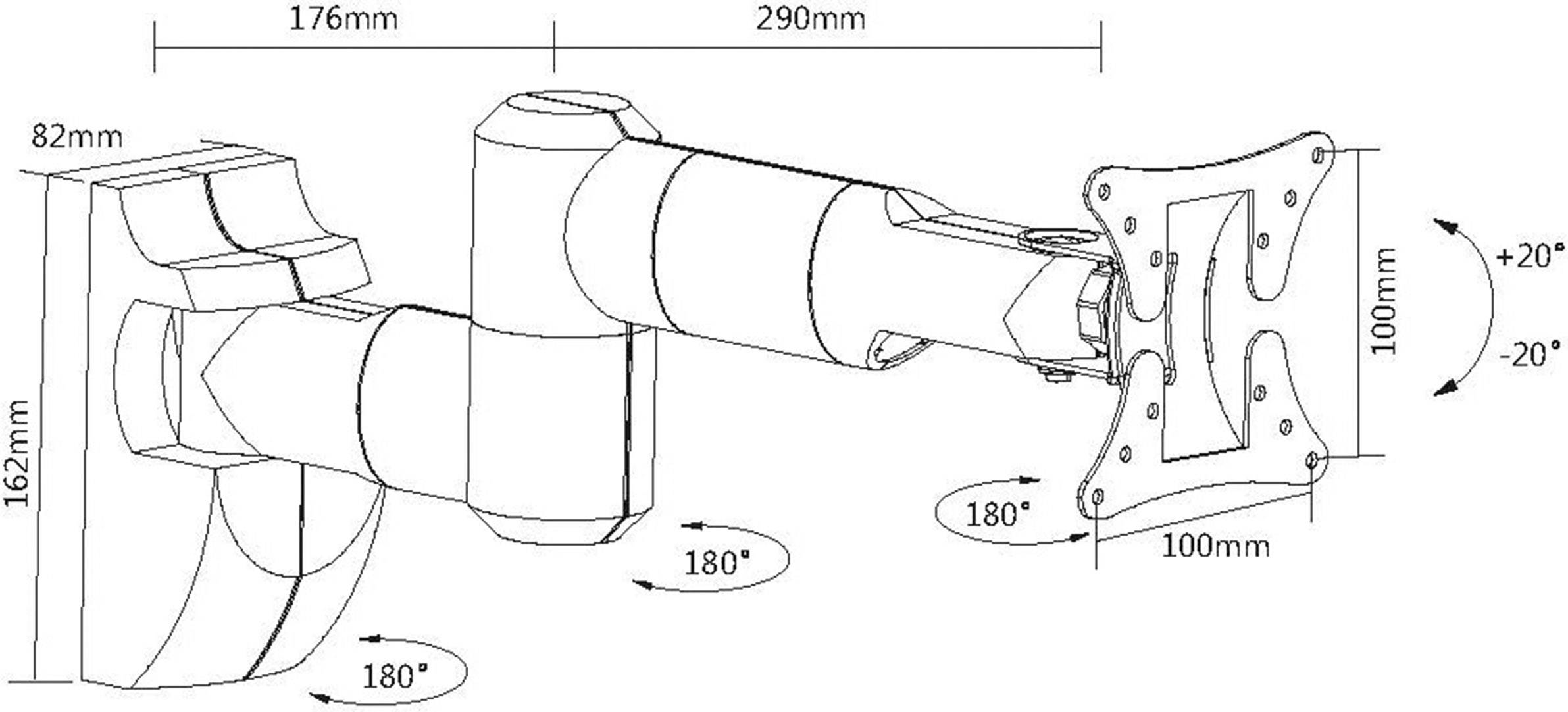 'Drawing of an adjustable monitor arm with dimensions: 82mm base width, 162mm base height, arm reach 176-290mm, tilt ±20°, swivel 180°.'