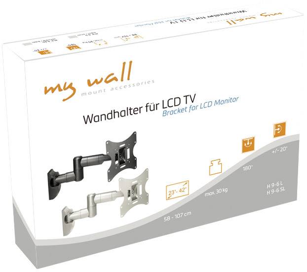 Packaging for an LCD TV wall mount, displaying the product in black and silver, suitable for 23-42 inch screens, maximum load of 30 kg.