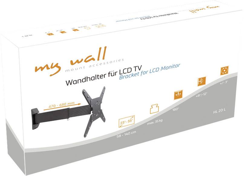 Packaging for an LCD TV wall mount, showing product features and dimensions: 470-680 mm, 23"-65", max. 25 kg, swivels up to 180°.