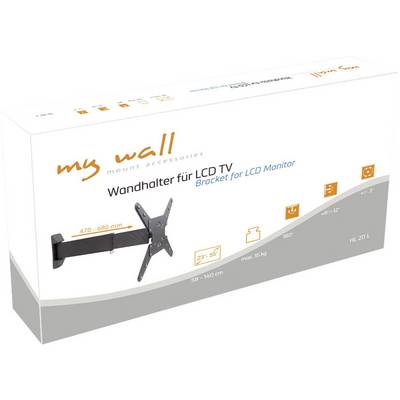 Packaging for an LCD TV wall mount, showing product features and dimensions: 470-680 mm, 23"-65", max. 25 kg, swivels up to 180°.