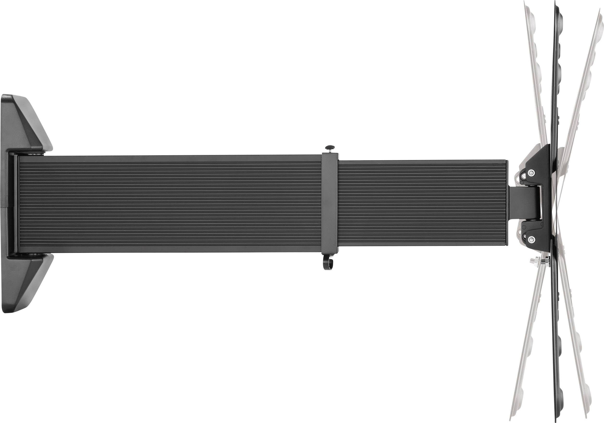 Black wall mount with adjustable arm and pivoting attachment for flat screens, side view.